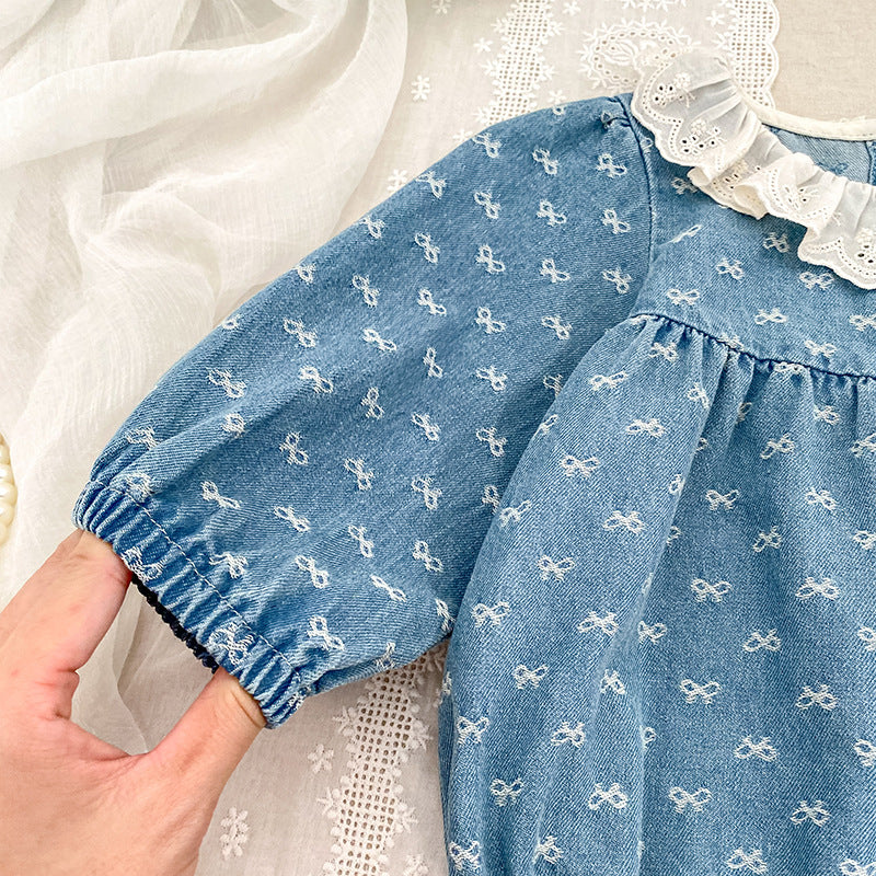 (Pre Order 2 Weeks)Sisters Fall Bow Ruffle Denim Dress&Romper