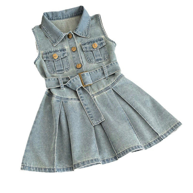 (In Production)Girls Summer Denim Sleeveless Dress