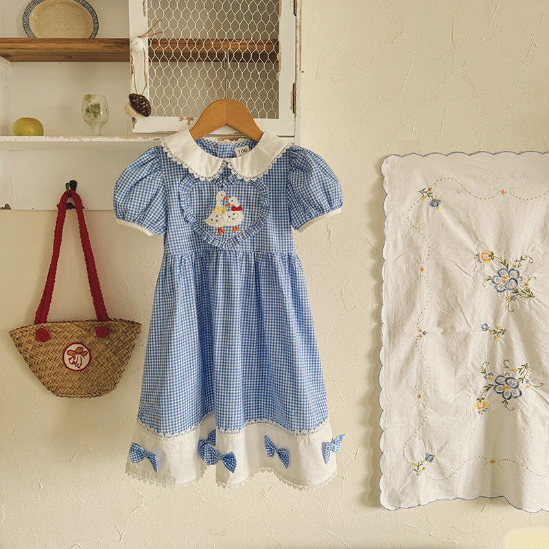 (In Production)Girls Spring&Summer Goose Applique Lace Dress