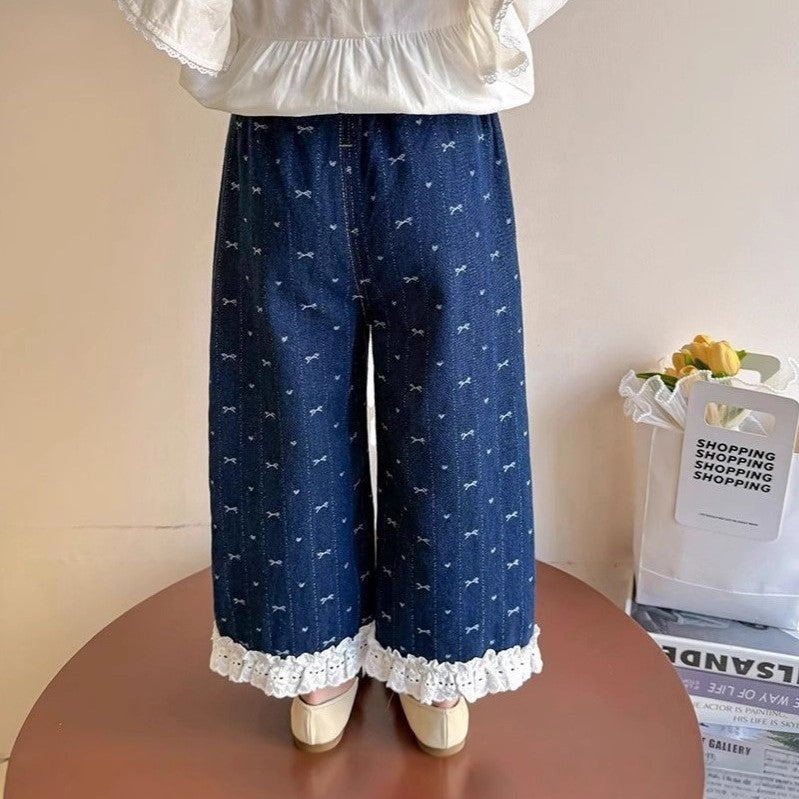 (In Production)Girls Spring&Summer Bow Print Lace Jeans