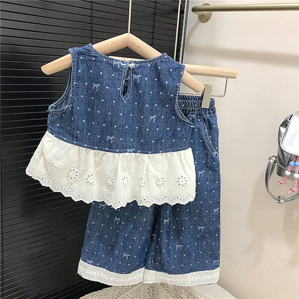 (In Production)Girls Summer Lace Denim Outfit Set