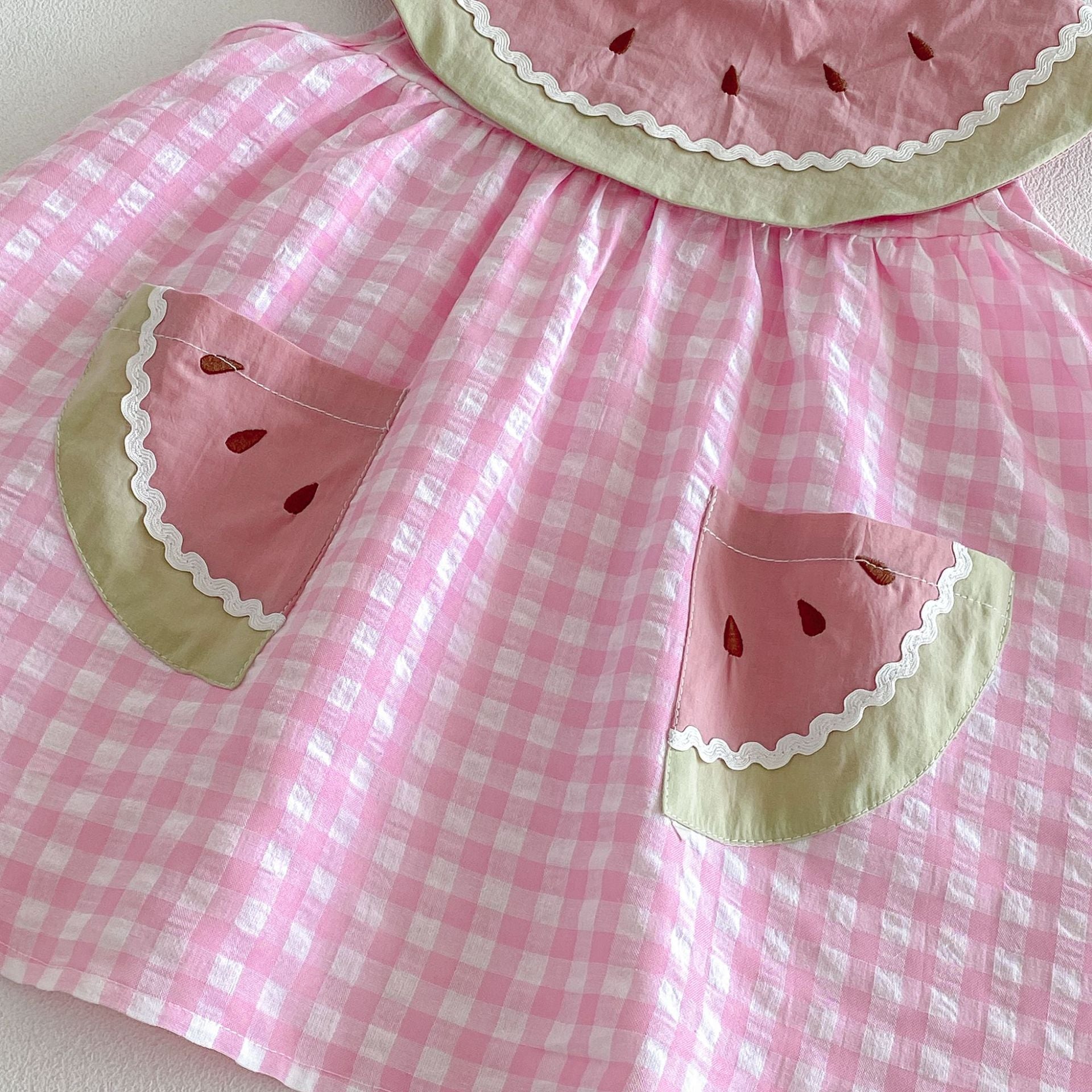 (In Production)Sisters Summer Watermelon Embroidery Scallop Dress&Romper with Pockets