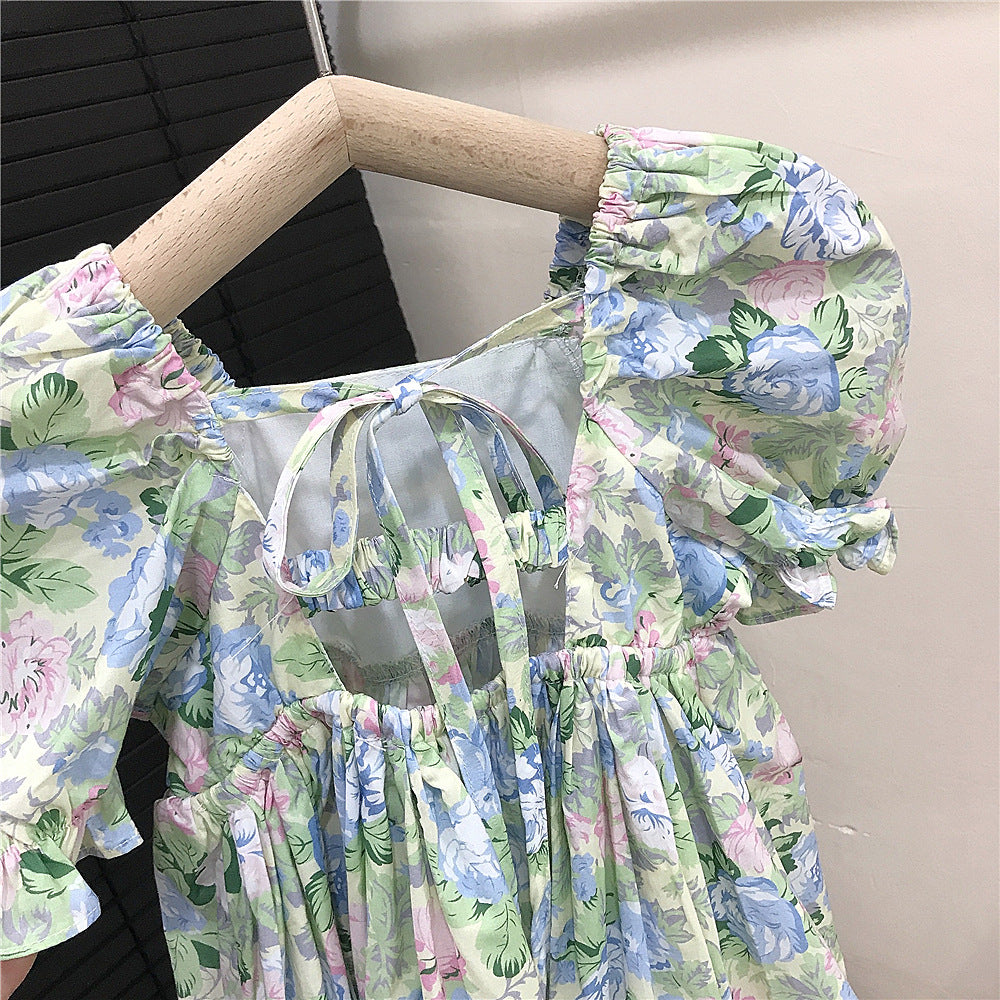 (In Production)Girls Spring&Summer Floral Print Backless Dress