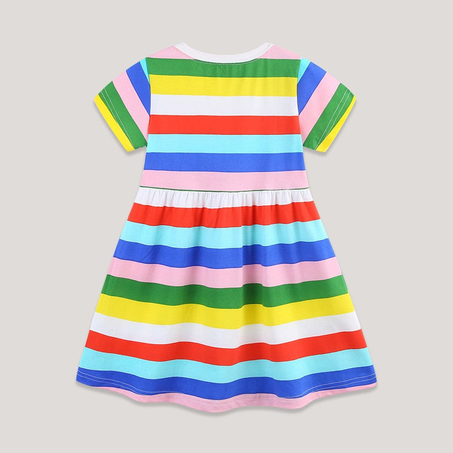 (In Production)Girls Spring&Summer Rainbow Stripe Cotton Dress