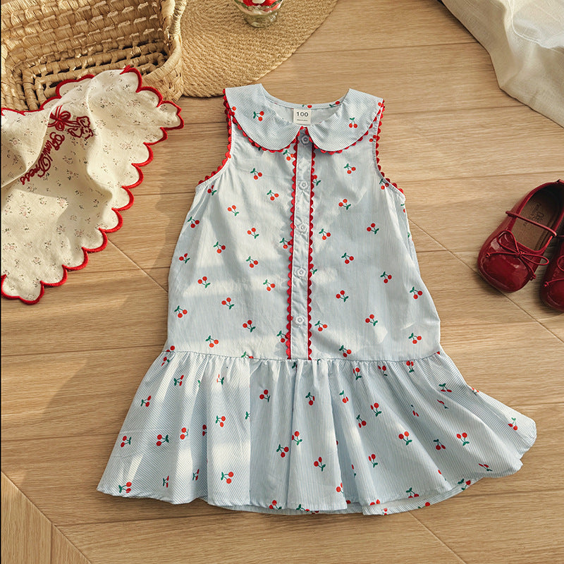 (In Production)Girls Spring&Summer Cherry Print Sleeveless Dress