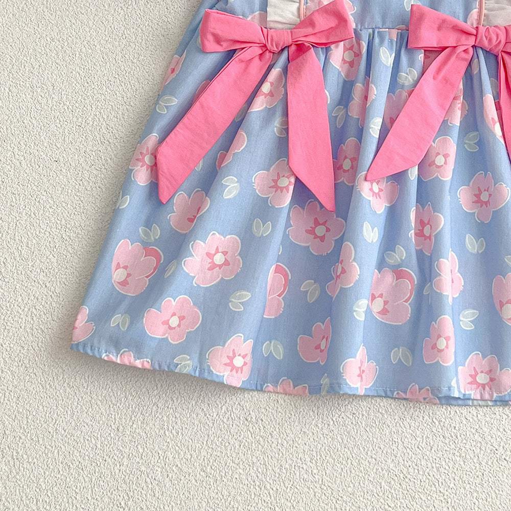 (In Production)Sisters Spring&Summer Floral Print Bow Dress,Romper