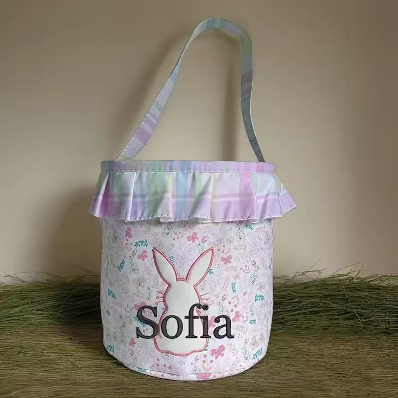 (Pre Order)Personalized Easter Bunny Basket with Name Embroidery - Customizable Fabric Tote for Kids