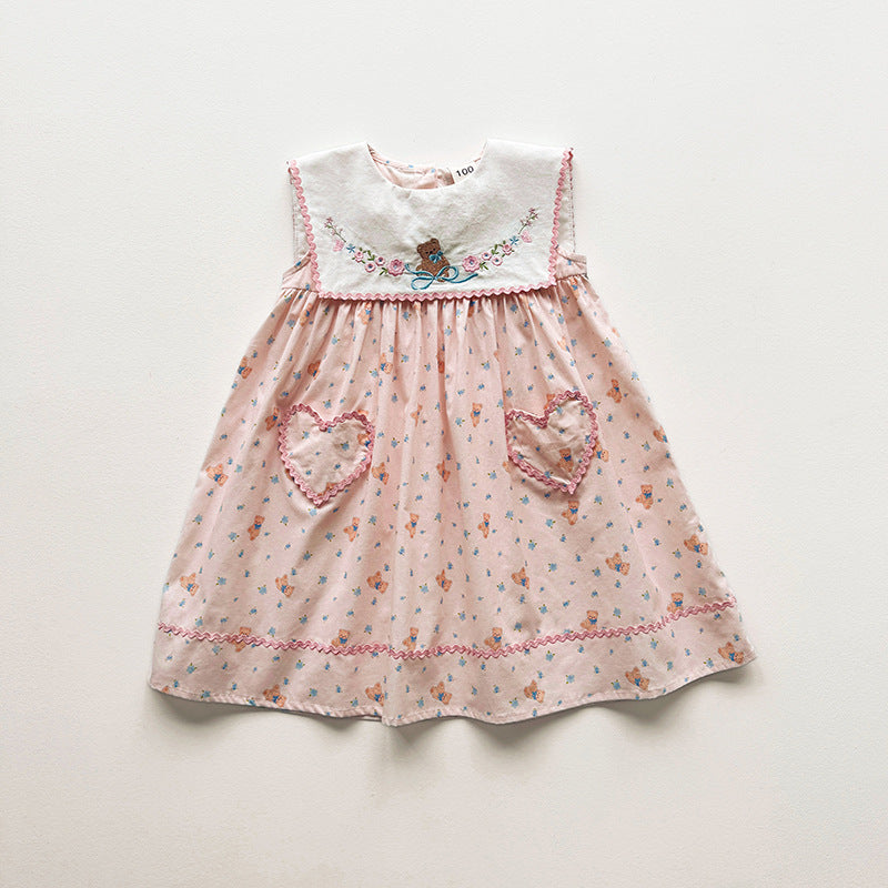 (In Production)Girls Spring&Summer Bear Embroidery Dress