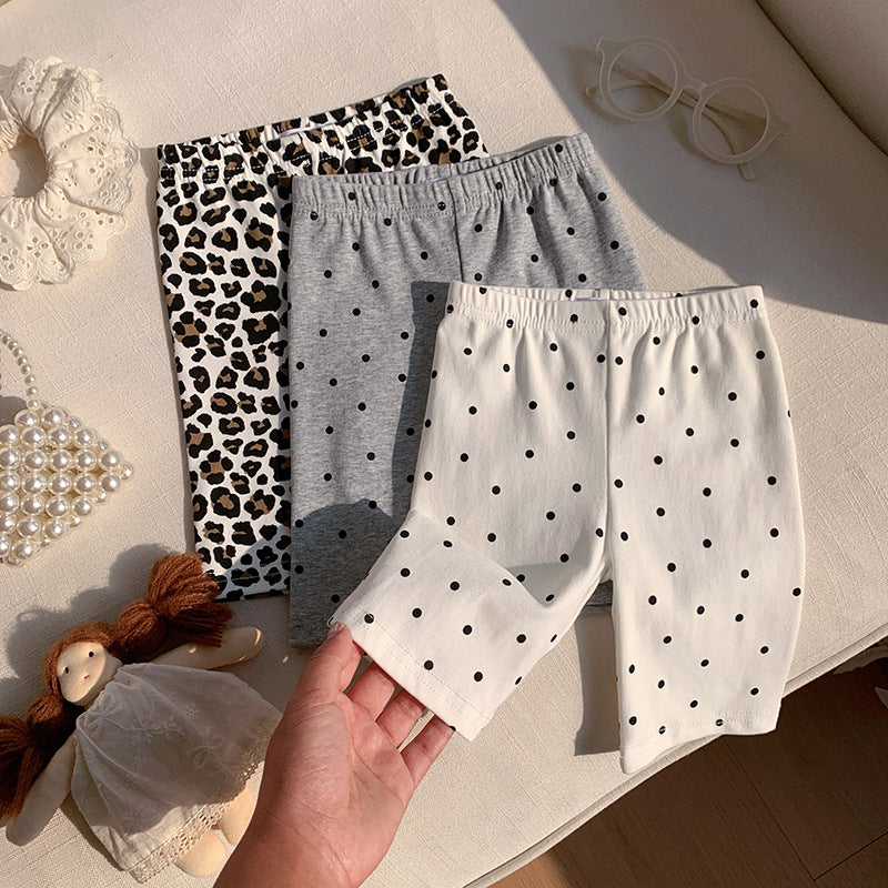 (In Production)Girls Summer Dot&Leopard Print Cotton Cycling Pants
