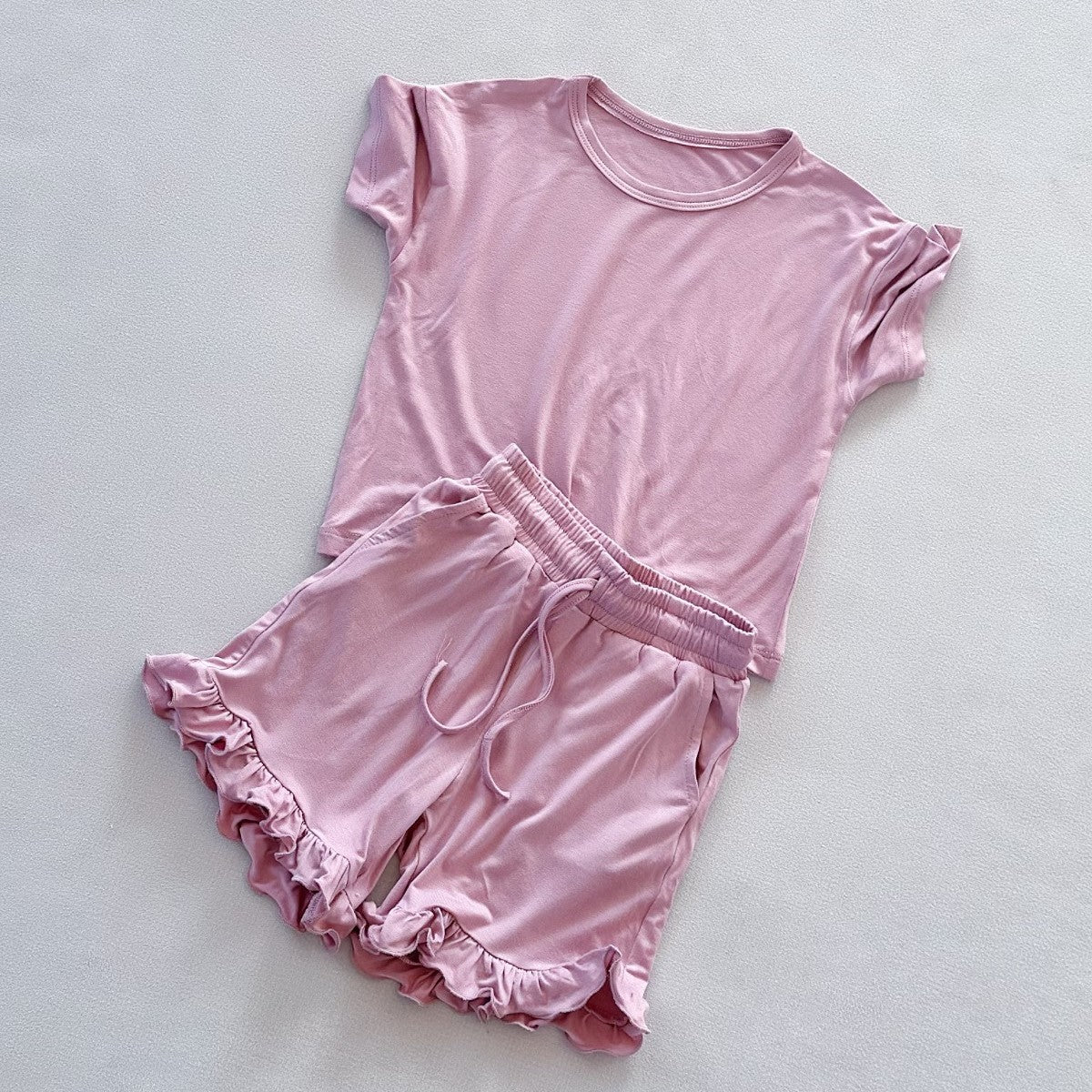 (In Production)Girls Spring&Summer Solid Color Ruffle Short Set