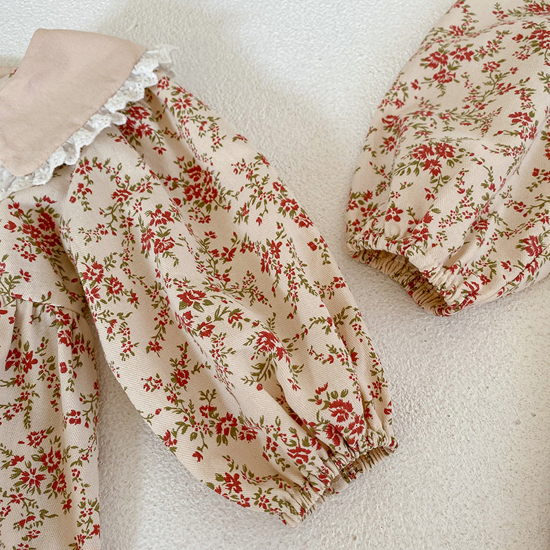 (In Production)Sisters Fall Floral Print Doll Collar Dress&Romper