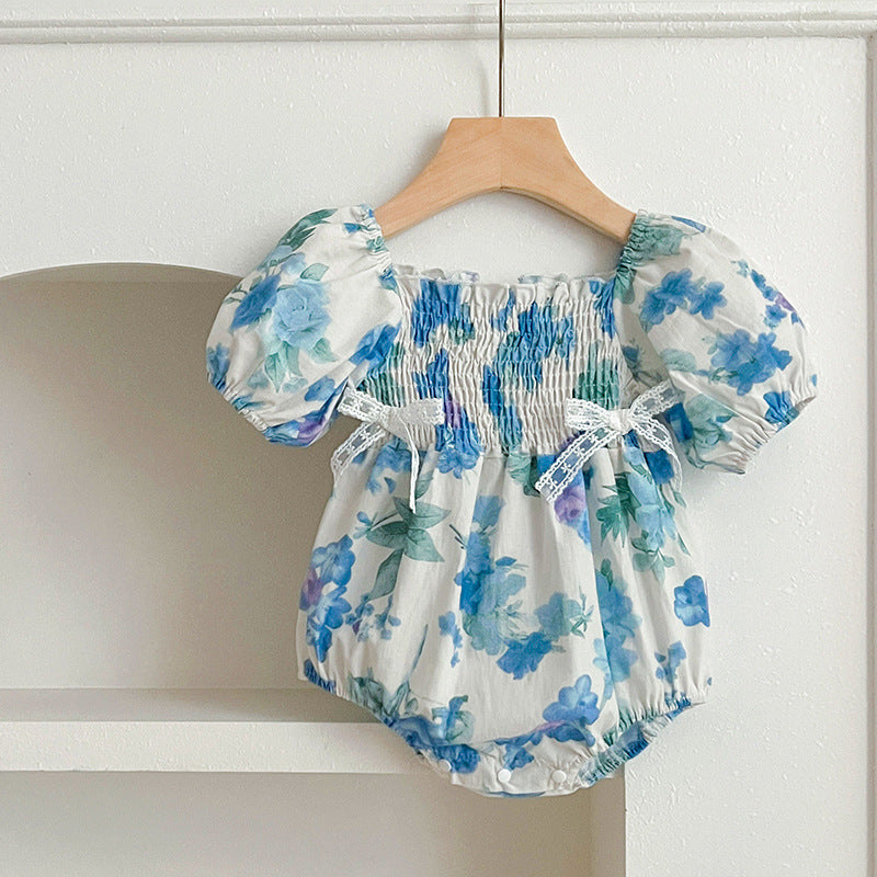 (In Production)Sisters Spring&Summer Floral Print Smocked Dress,Romper