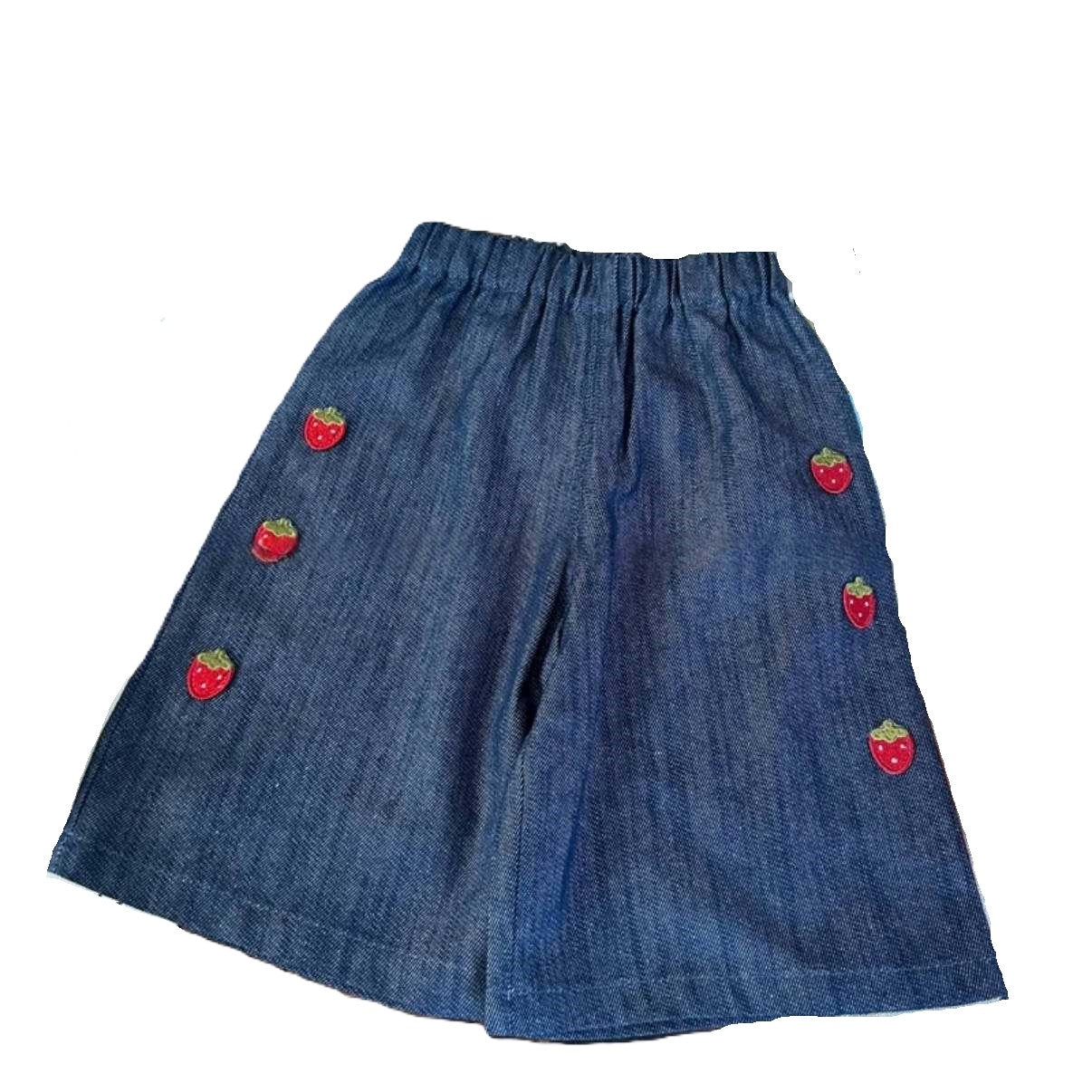 (In Production)Girls Spring&Summer Strawberry Embroidery Denim Pants Set