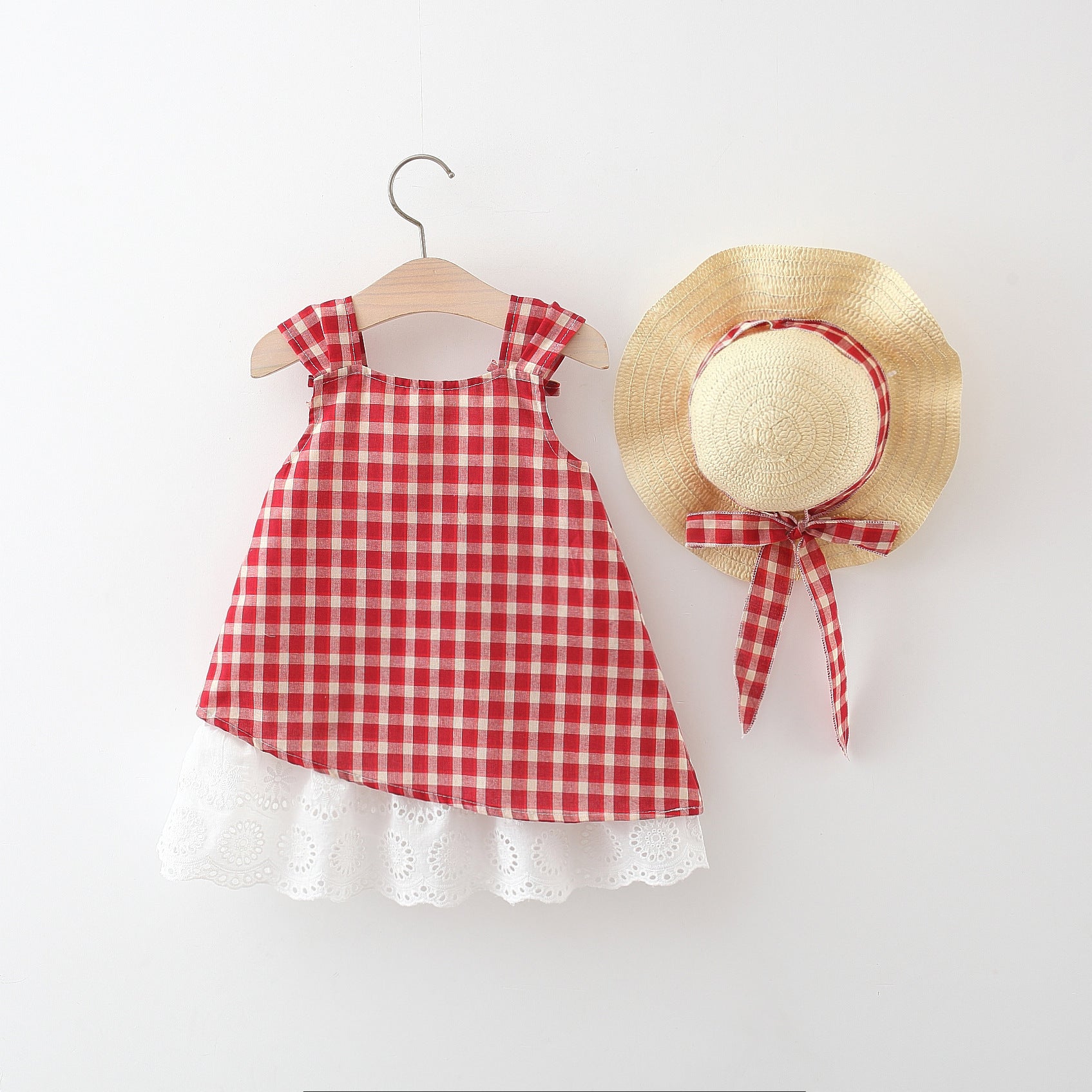 (In Production)Girls Spring and Summer Red Plaid Dress with Straw Hat