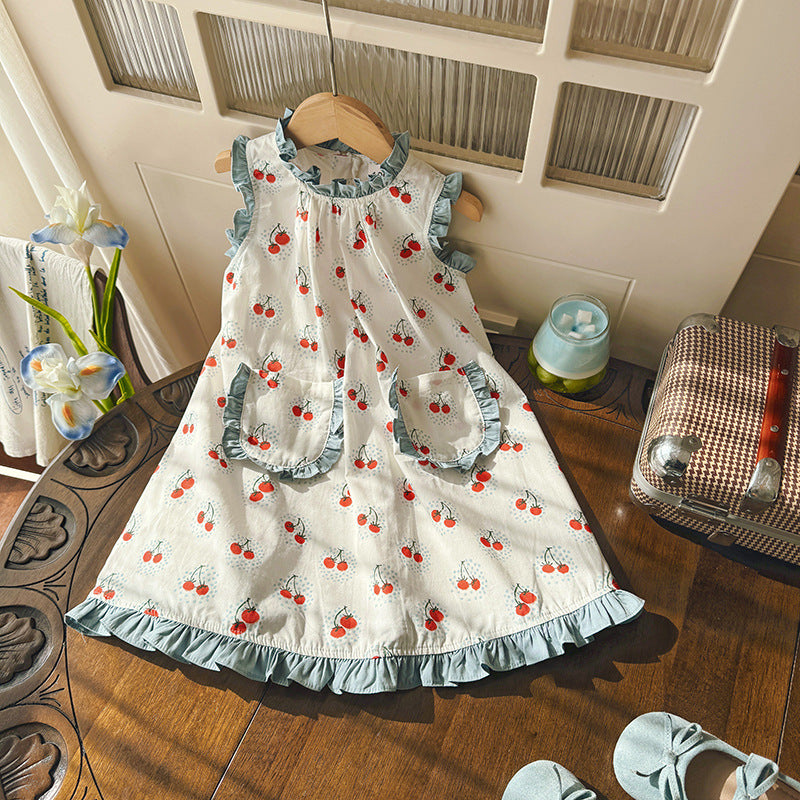 (In Production)Girls Spring&Summer Cherry Print Ruffle Dress