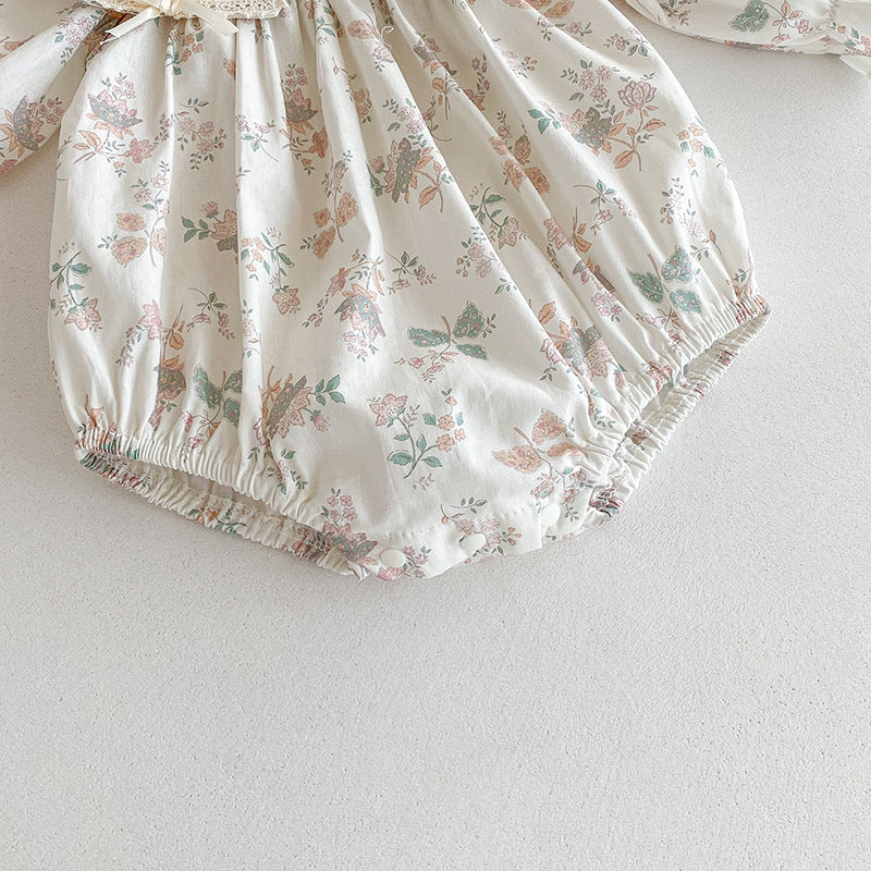 (Pre Order 2 Weeks)Sisters Fall Floral Print Lace Collar Bow Ruffle Dress&Romper
