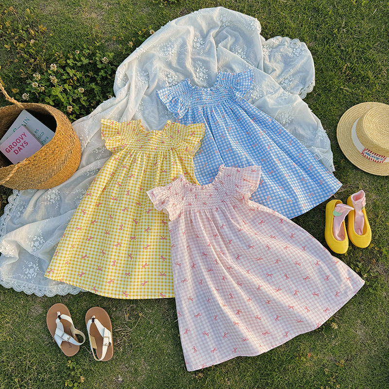 (In Production)Girls Spring&Summer Bow Print Smocked Dress