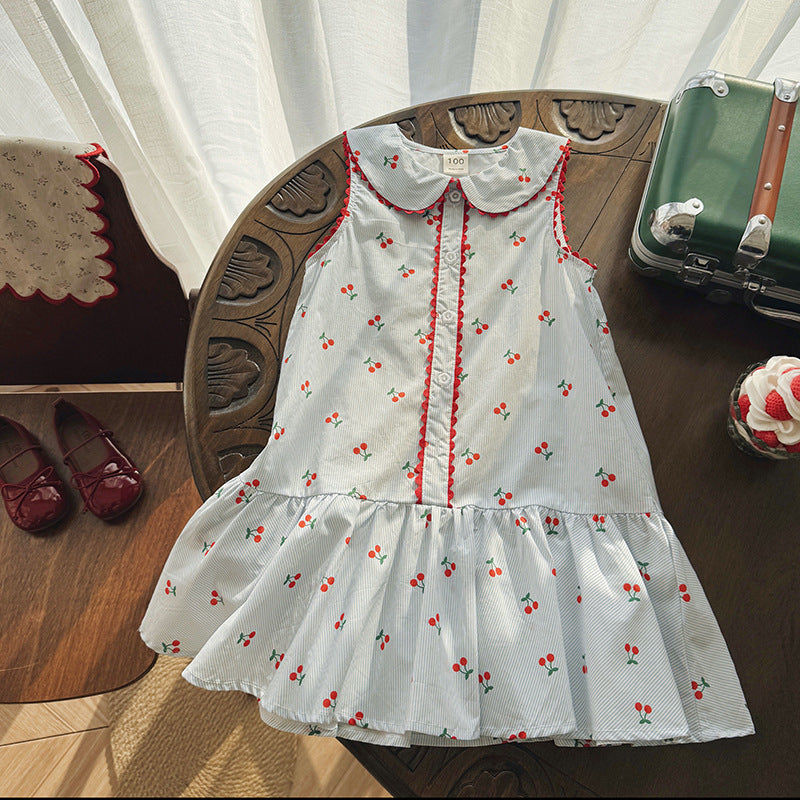 (In Production)Girls Spring&Summer Cherry Print Sleeveless Dress