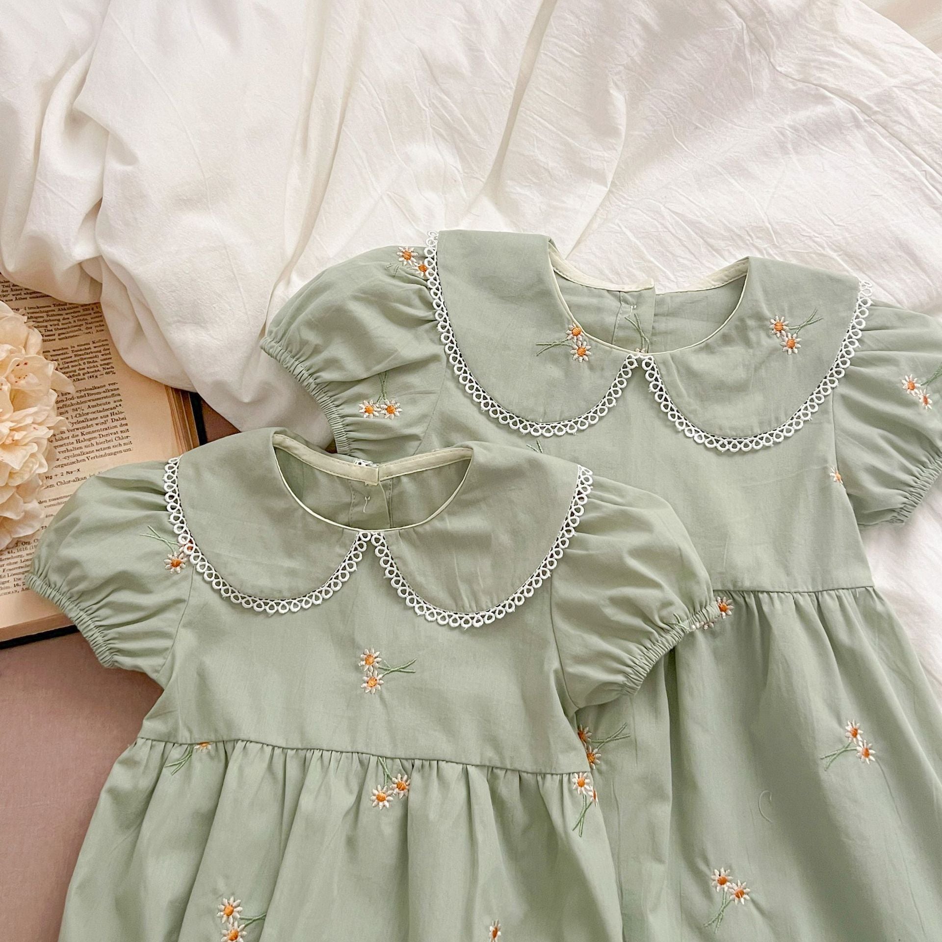 (In Production)Sisters Spring&Summer Floral Embroidery Doll Collar Dress&Romper