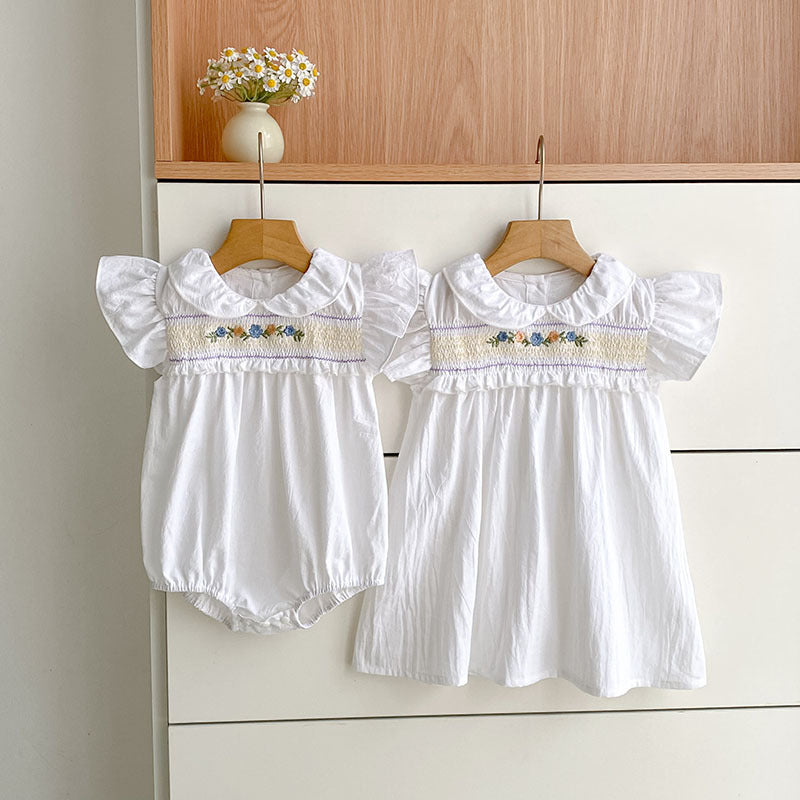 (In Production)Sisters Summer Floral Embroidery Smocked Dress&Romper