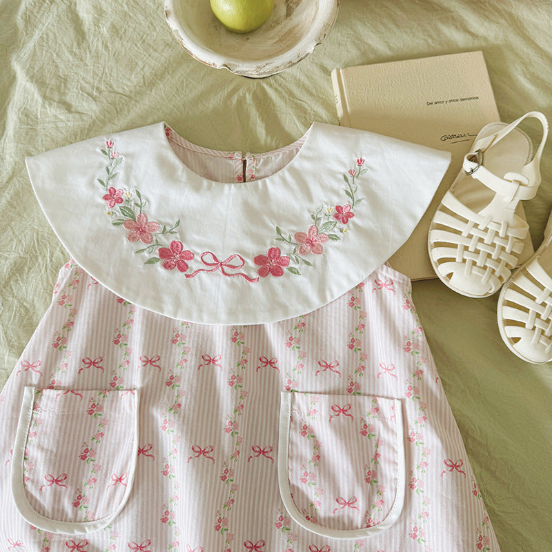 (In Production)Girls Spring&Summer Floral Embroidery Dress with Pockets