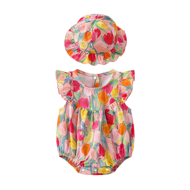 (Pre Order)Toddler Girls Spring and Summer Tulip Print Romper with Hat