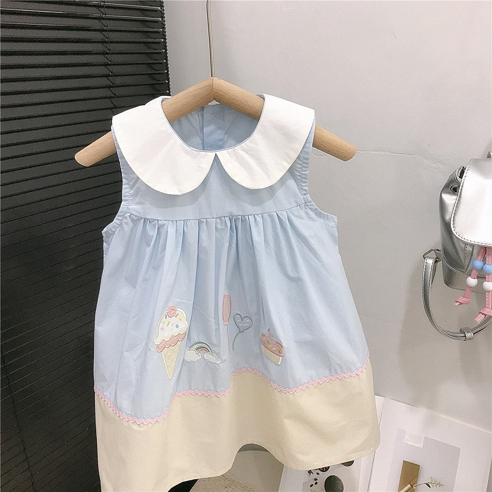 (In Production)Girls Summer Ice Cream Applique Doll Collar Dress