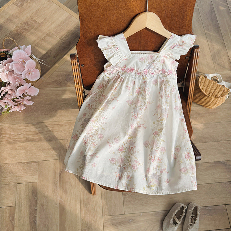 (In Production)Girls Spring&Summer Floral Embroidery Flying Sleeves Dress