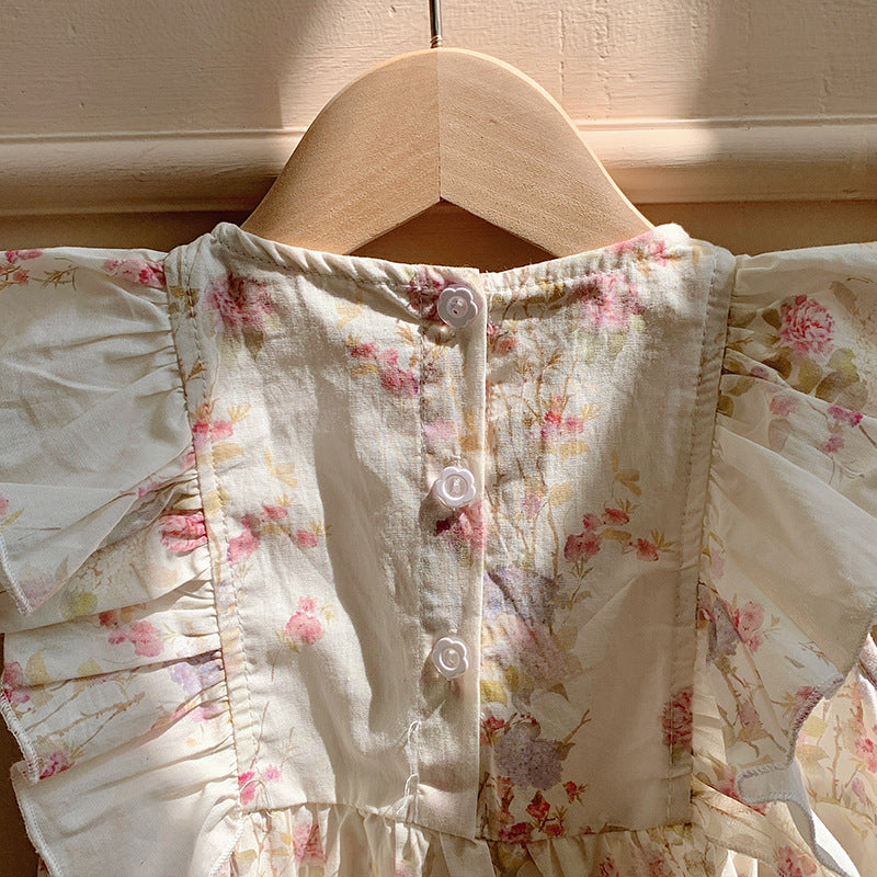 (In Production)Girls Spring&Summer Floral Print Smocked Ruffle Dress