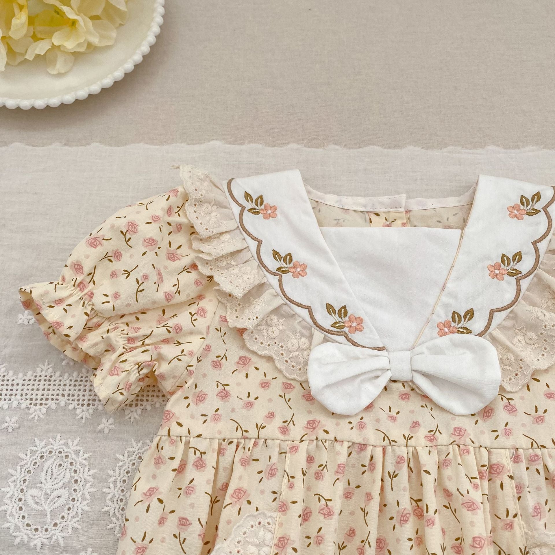 (Pre Order 2 Weeks)Sisters Floral Embroidery Lace Ruffled Dress&Romper