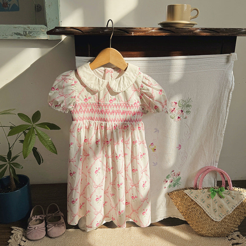 (In Production)Girls Spring&Summer Rose Print Smocked Dress