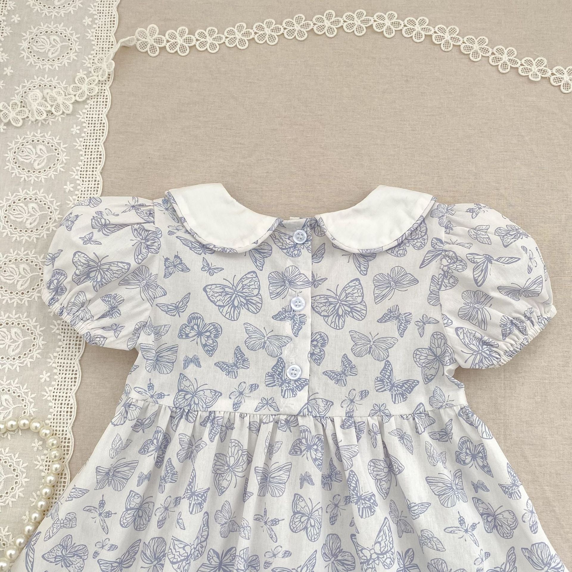 (In Production)Sisters Spring&Summer Blue Butterfly Print Smocked Dress,Romper
