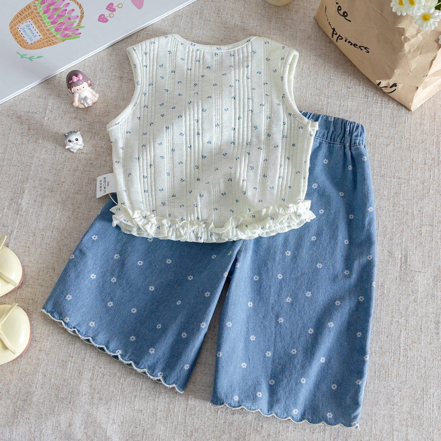(In Production)Girls Spring&Summer Floral Print Denim Set