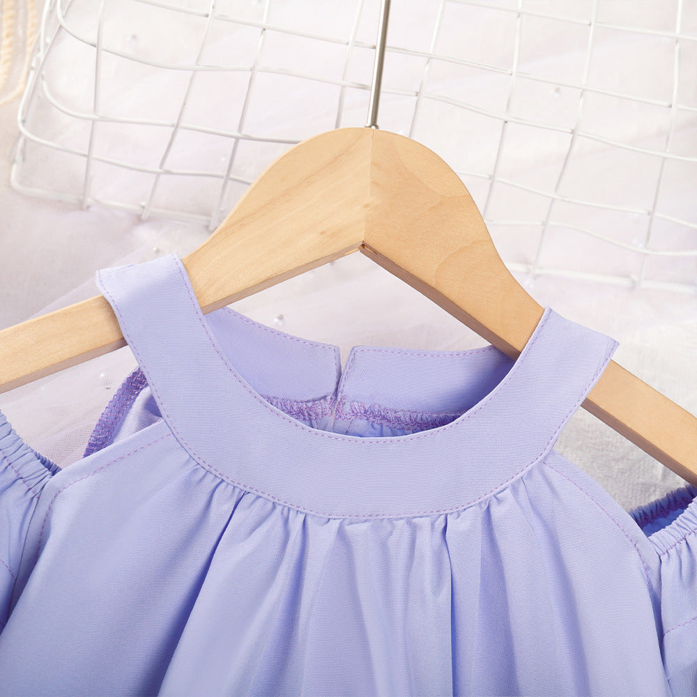(In Production)Girls Spring and Summer Lavender Puffed Sleeves Dress