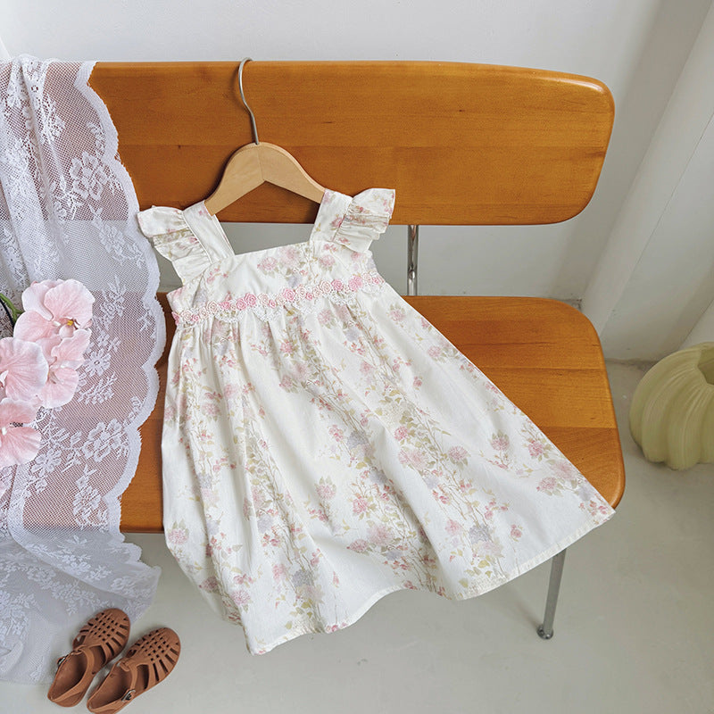 (In Production)Girls Spring&Summer Floral Embroidery Flying Sleeves Dress