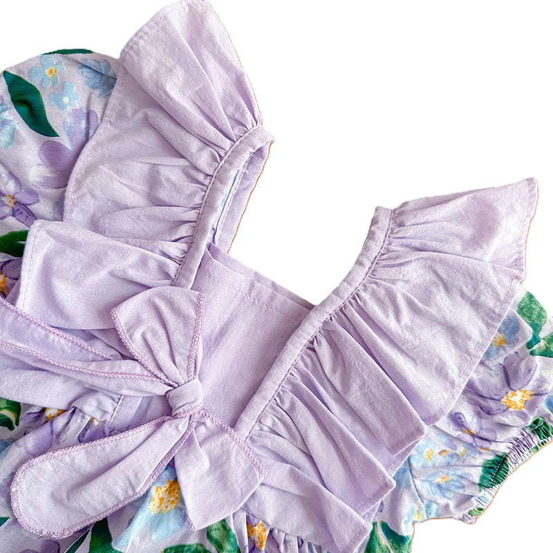 (Pre Order)Toddler Girls Spring and Summer Violet Floral Print Romper