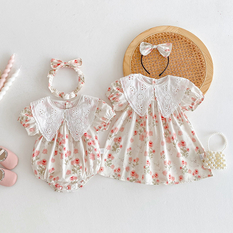 (In Production)Sisters Spring&Summer Coral Floral Print Dress,Romper