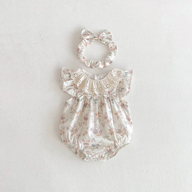 (In Production)Sisters Spring&Summer Floral Print Lace Dress,Romper