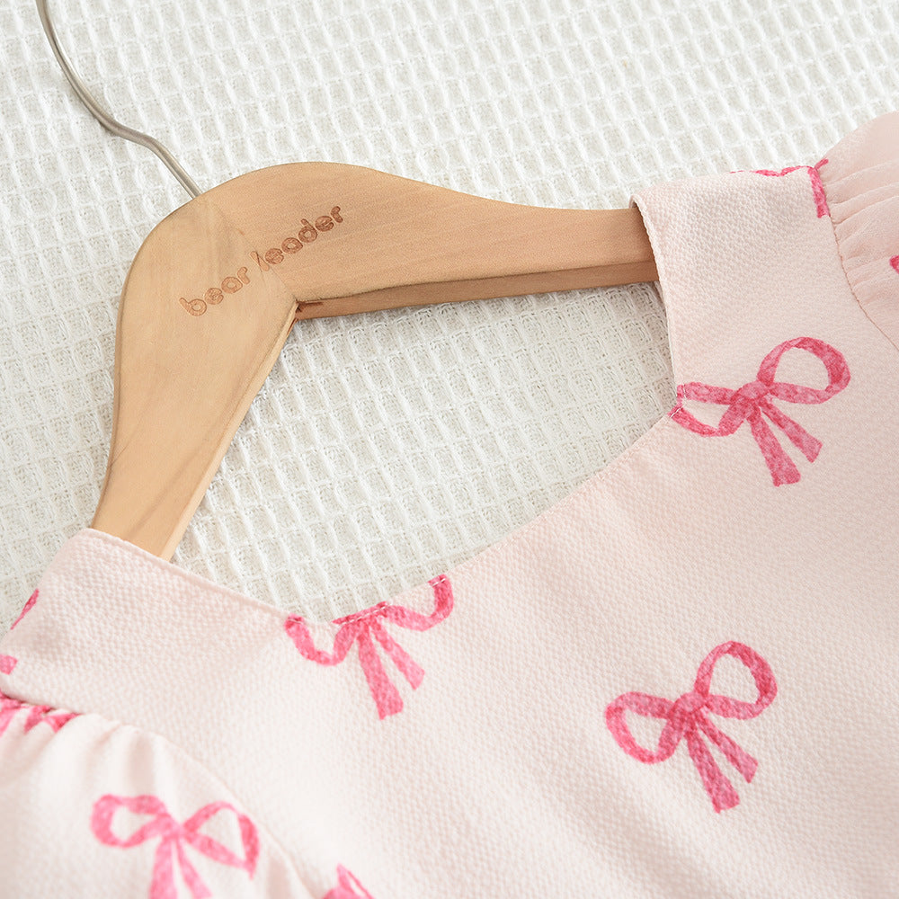 (In Production)Girls Spring and Summer Bow Print Puffed Sleeves Dress