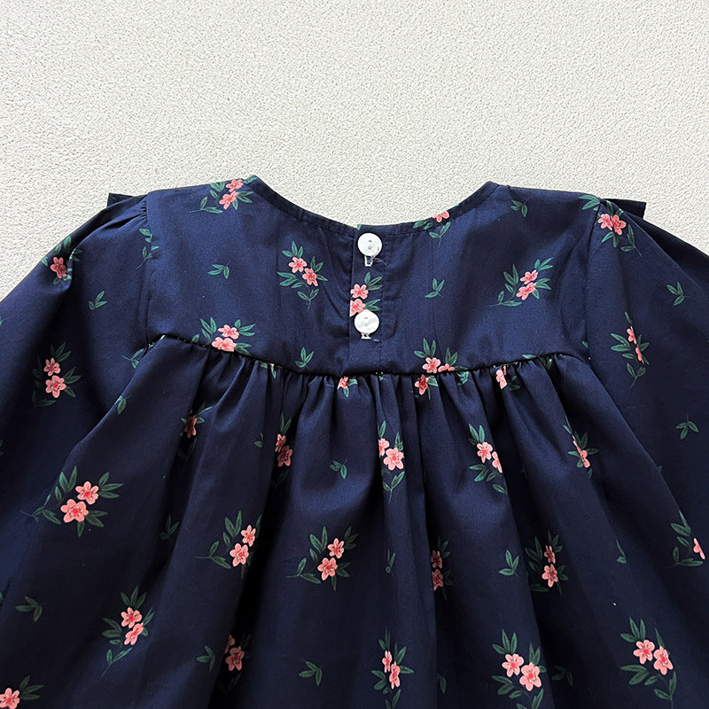 (In Production)Sisters Fall Navy Floral Print Dress&Romper