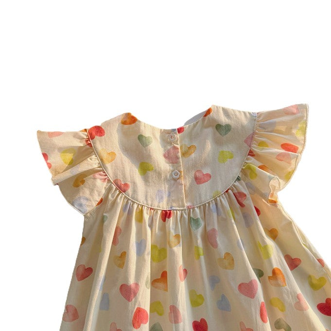 (In Production)Girls Spring and Summer Love Print Flying Sleeves Dress