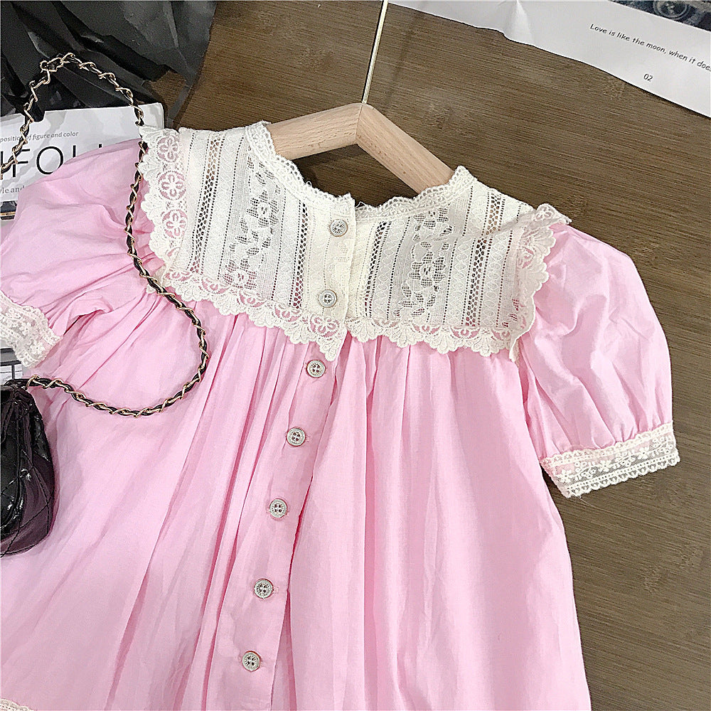 (In Production)Girls Spring&Summer Pink Cotton Lace Dress