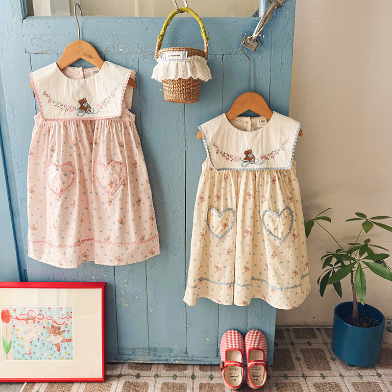 (In Production)Girls Spring&Summer Bear Embroidery Dress