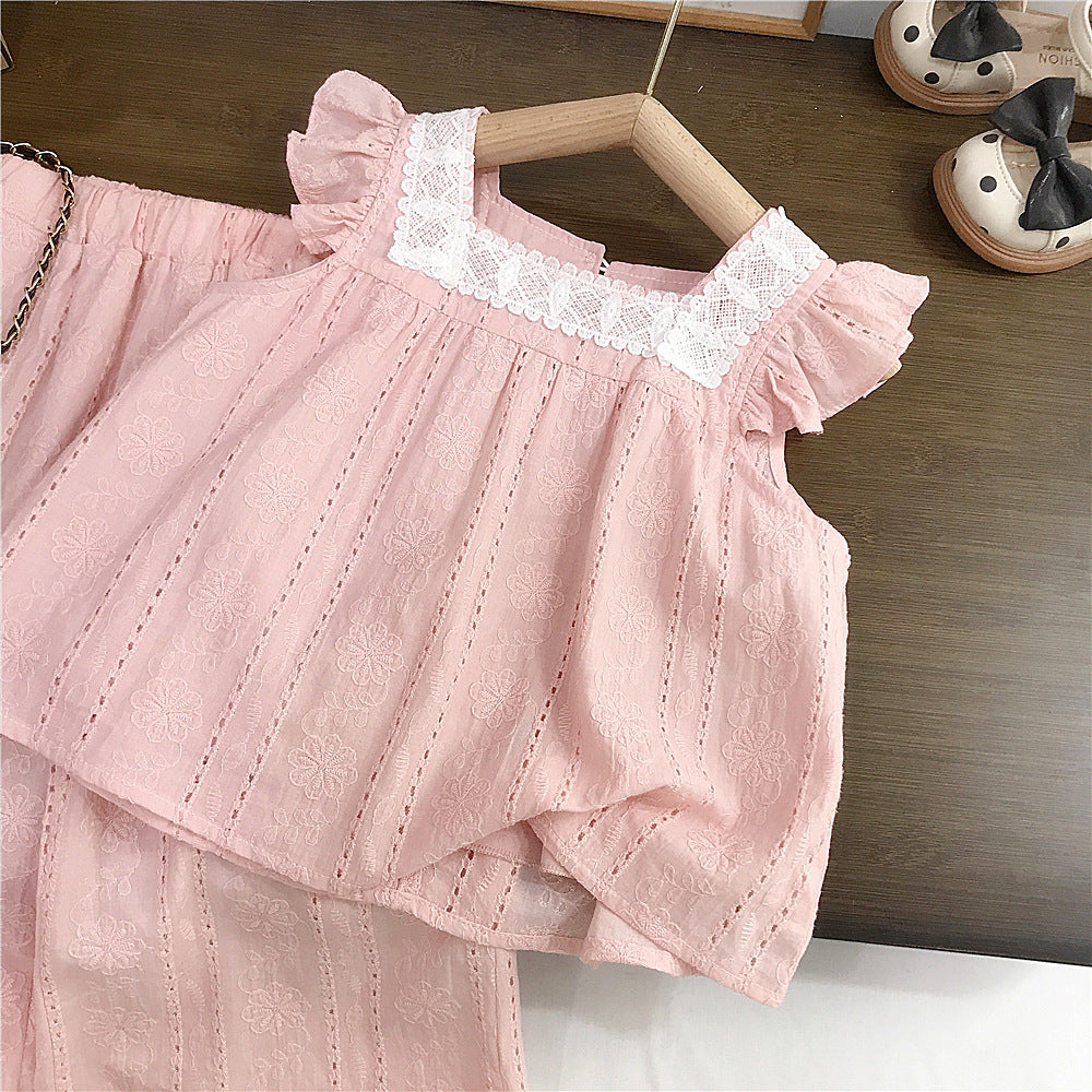 (In Production)Girls Summer Baby Pink Lace Outfit Set