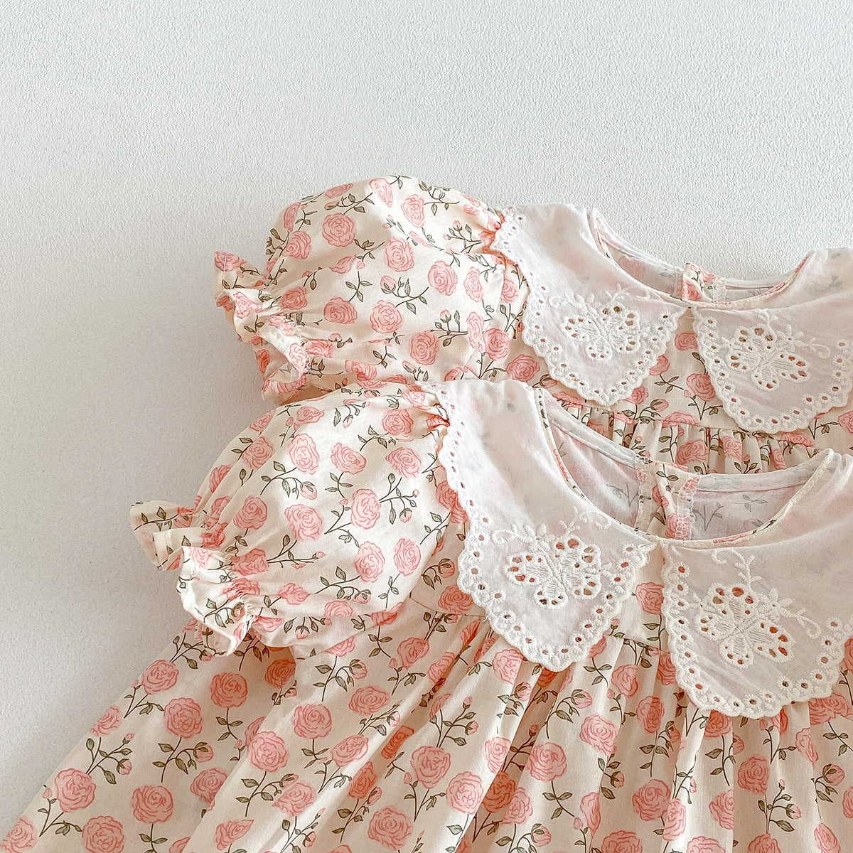 (In Production)Sisters Summer Rose Print Baby Collar Dress&Romper