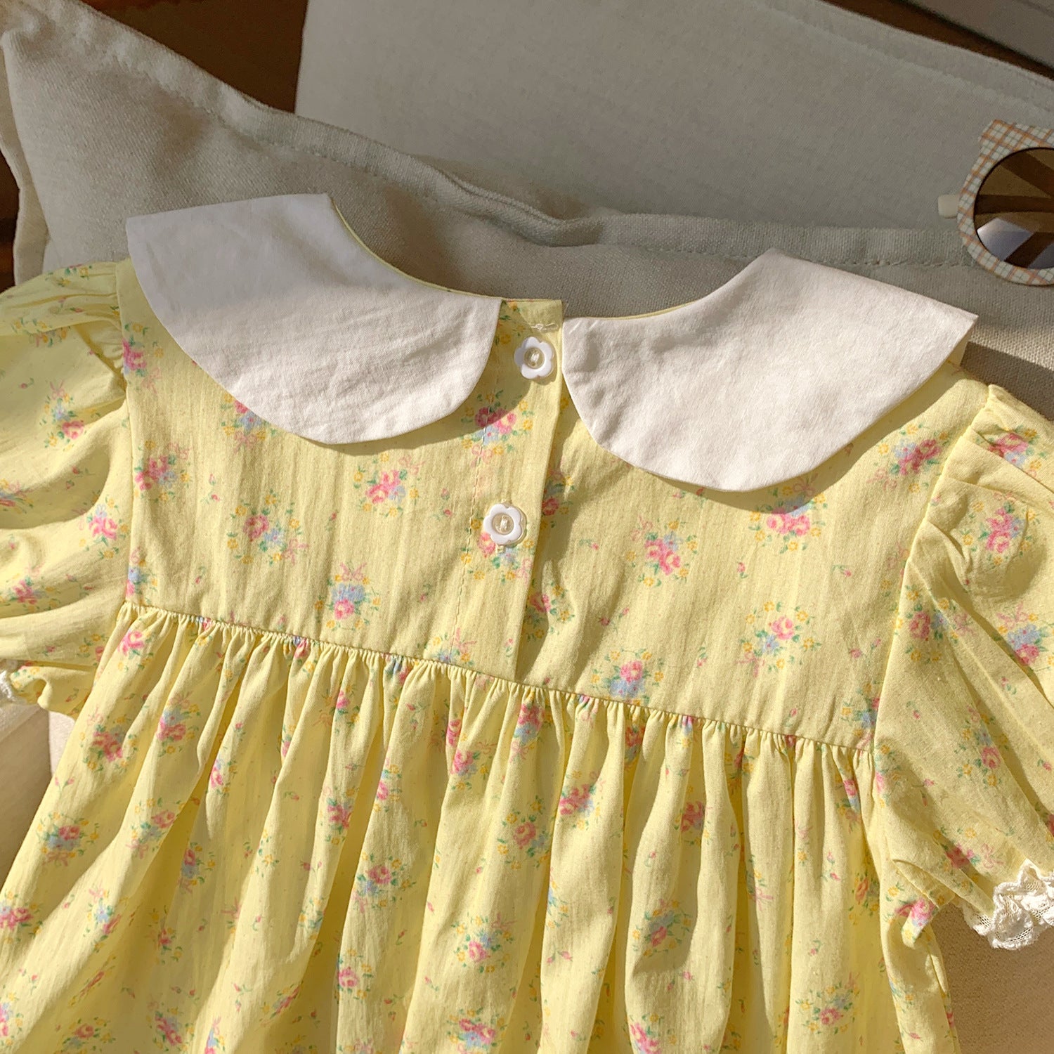 (In Production)Girls Spring&Summer Yellow Floral Print Doll Collar Dress