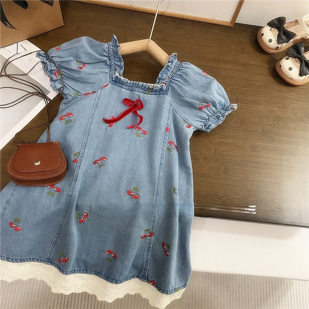 (In Production)Girls Spring&Summer Cherry Embroidery Denim Dress