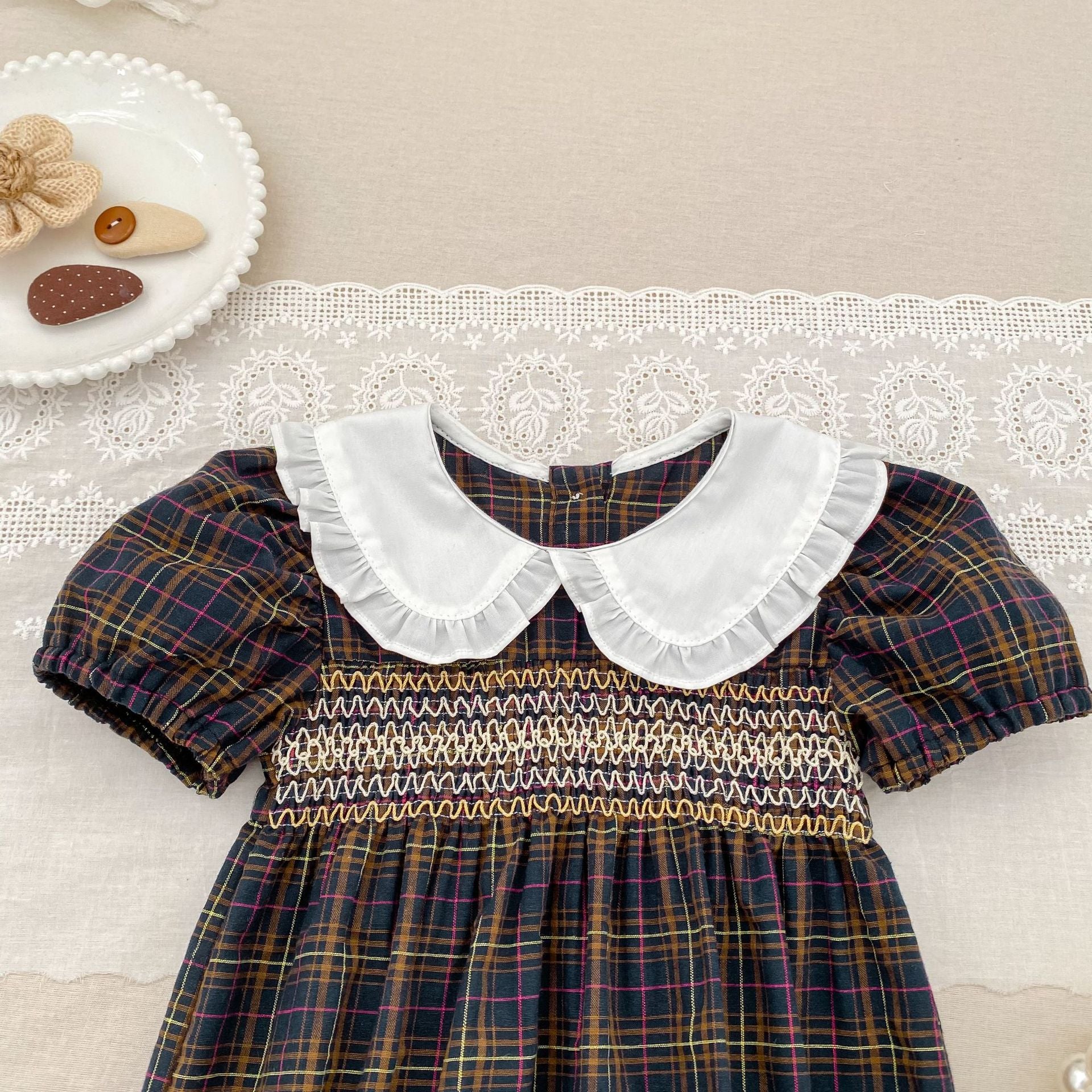 (Pre Order 2 Weeks)Sisters Fall Smocked Baby Collar Dress&Romper