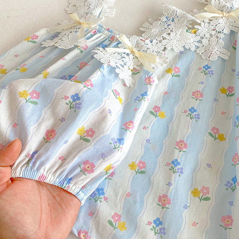 (In Production)Sisters Spring&Summer Floral Print Lace Slip Dress,Romper