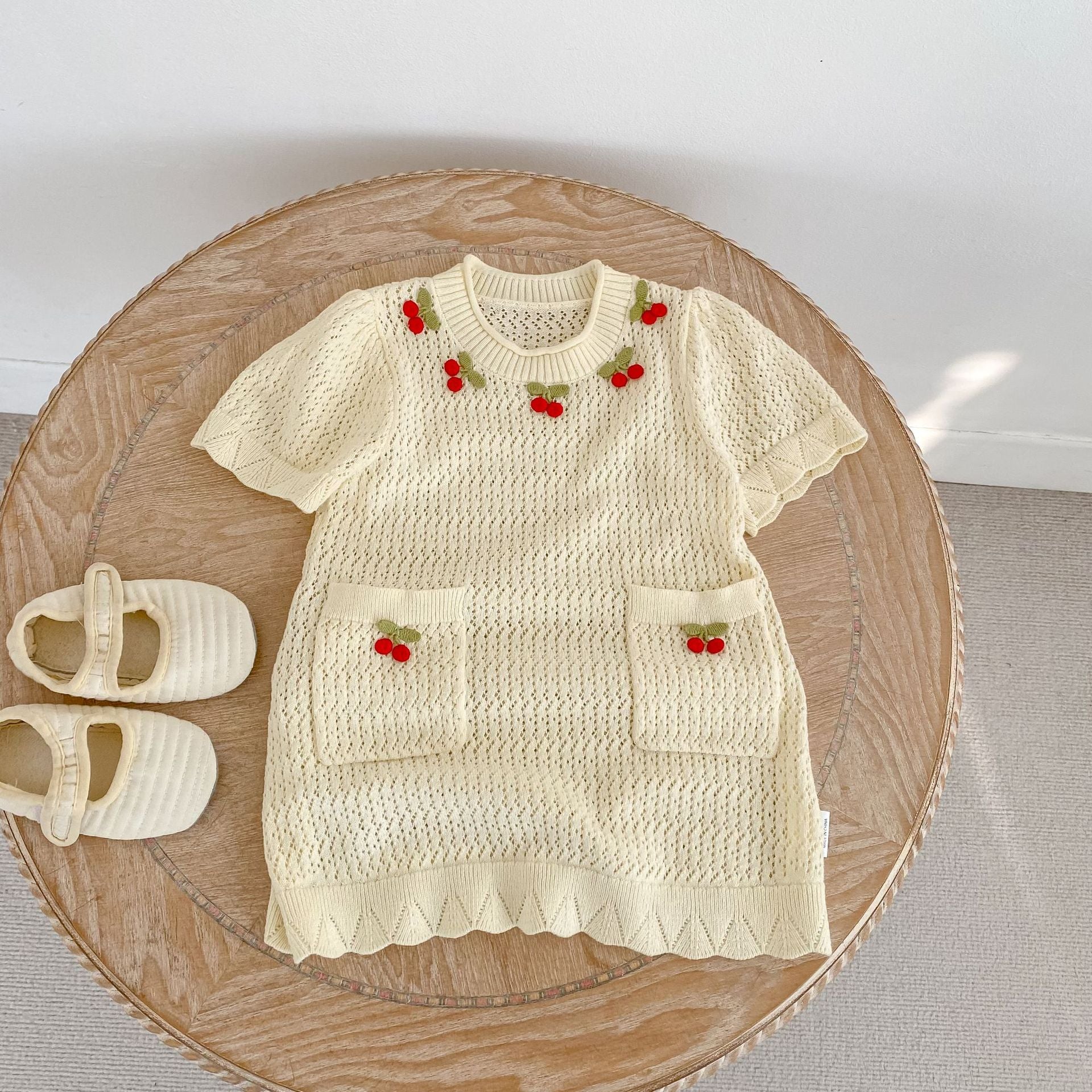 (In Production)Girls Spring&Summer Knitted Ruffle Cherry Dress&Shorts Set